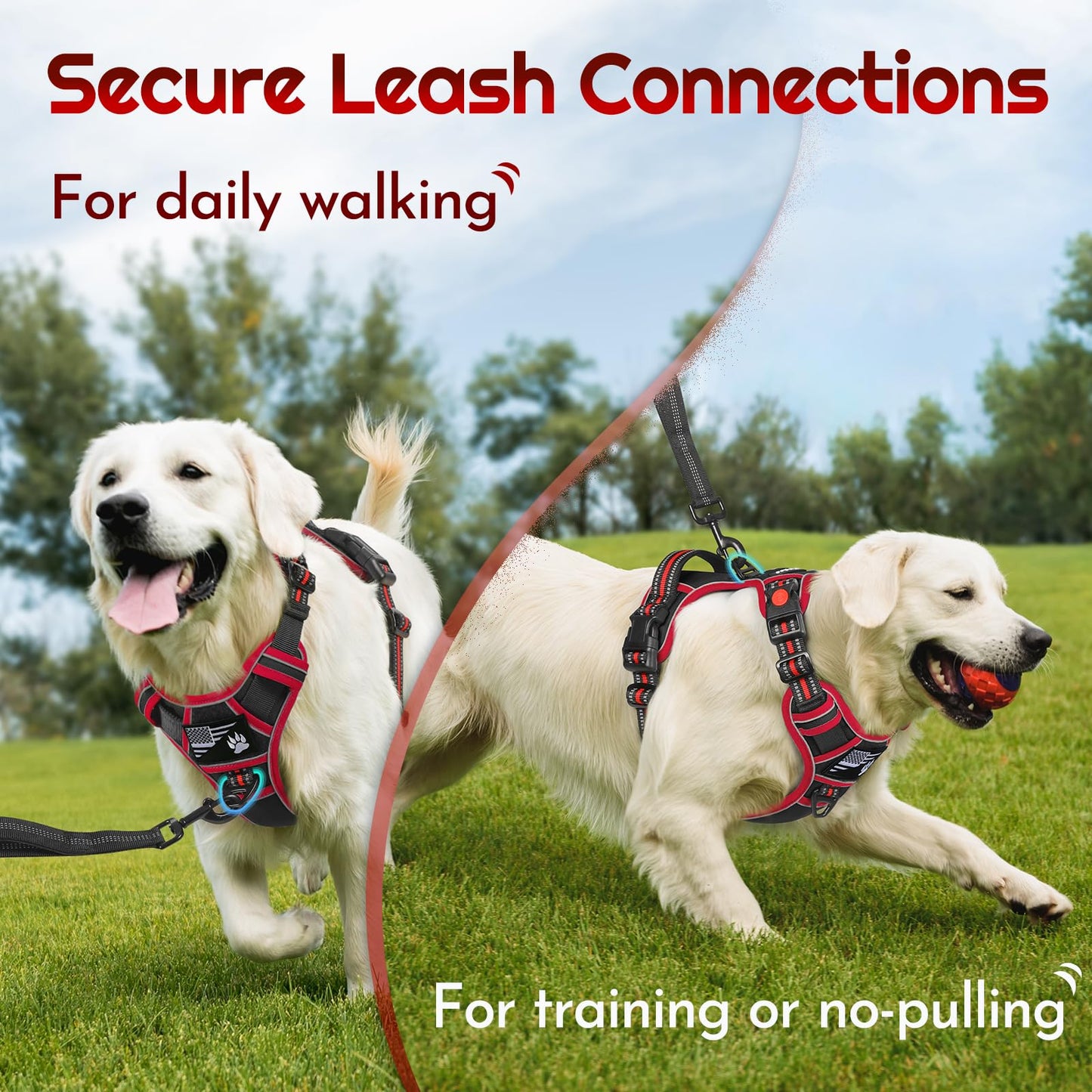 Eagloo Dog Harness for Large Dogs, Easy Wearing with 3 Buckles, Adjustable No Pull Pet Harness with 2 Rings for Walking, No Chock Reflective Soft Padded Vest with Control Handle, Black & Red, L