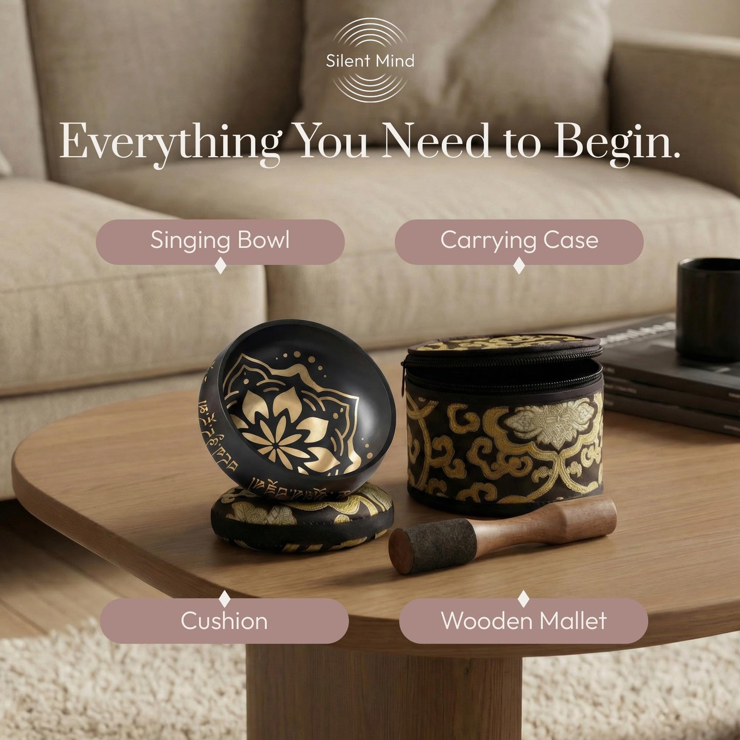 Silent Mind Tibetan Singing Bowl Set – Easy to Play & Beginner Friendly Meditation Bowl with Cushion, Mallet & Case | Stress Relief & Mindfulness | Gift-Ready