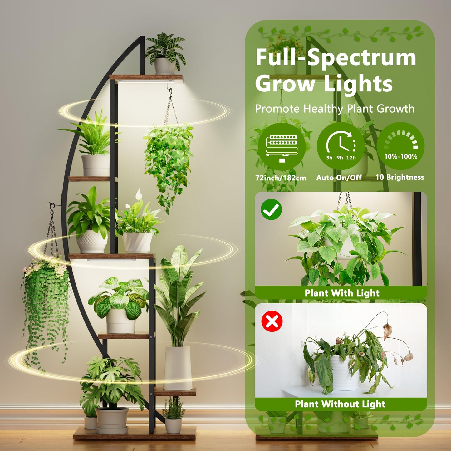 BACEKOLL Plant Stand Indoor with Grow Lights, 6 Tiered Tall Plant Shelf, 63" Metal Plant Stand for Indoor Plants Multiple, Half-Moon Plant Rack Display Shelf, 2 Pcs Plant Holder for Living Room, Patio