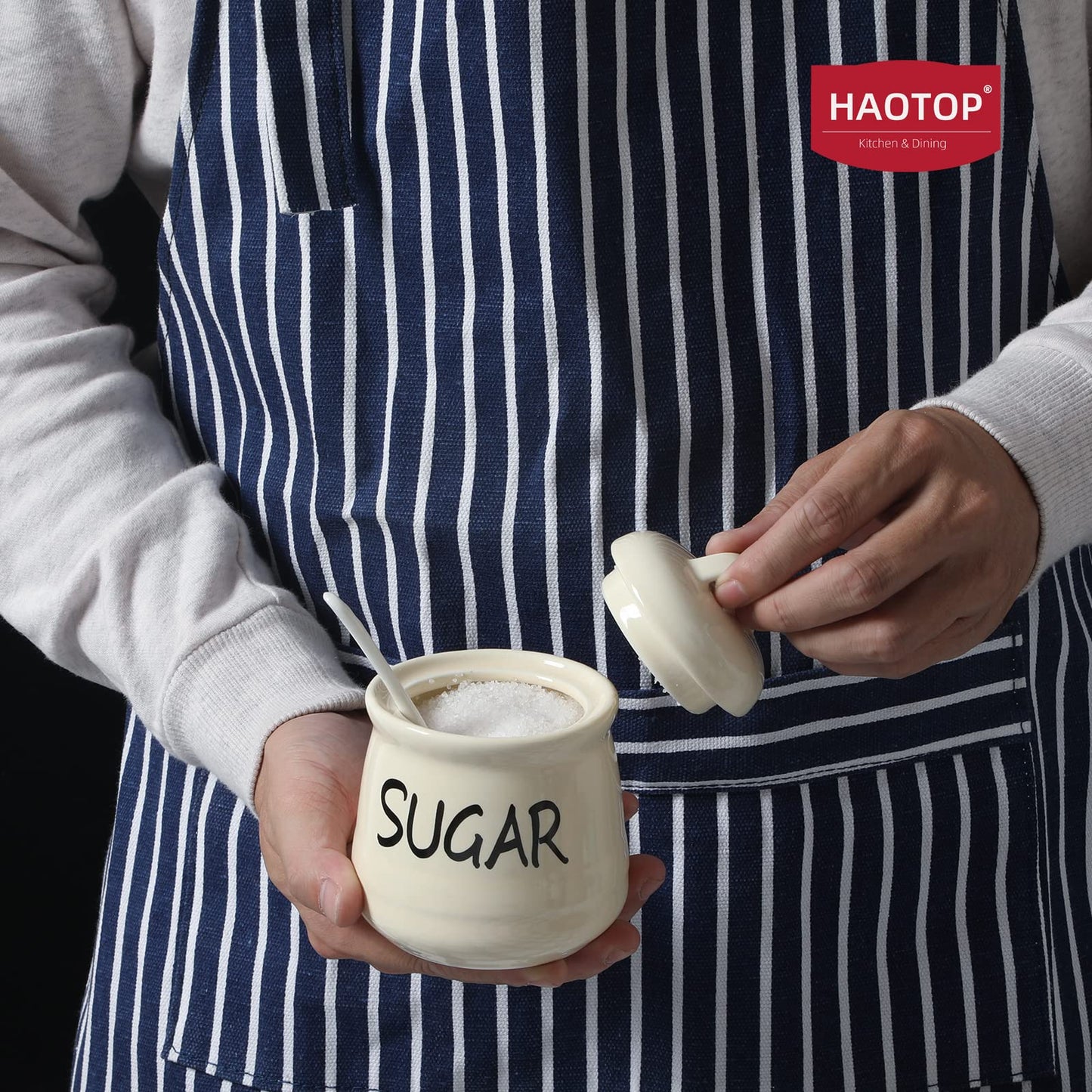 HAOTOP Porcelain Sugar Bowl with Lid and Spoon 12oz (Beige)