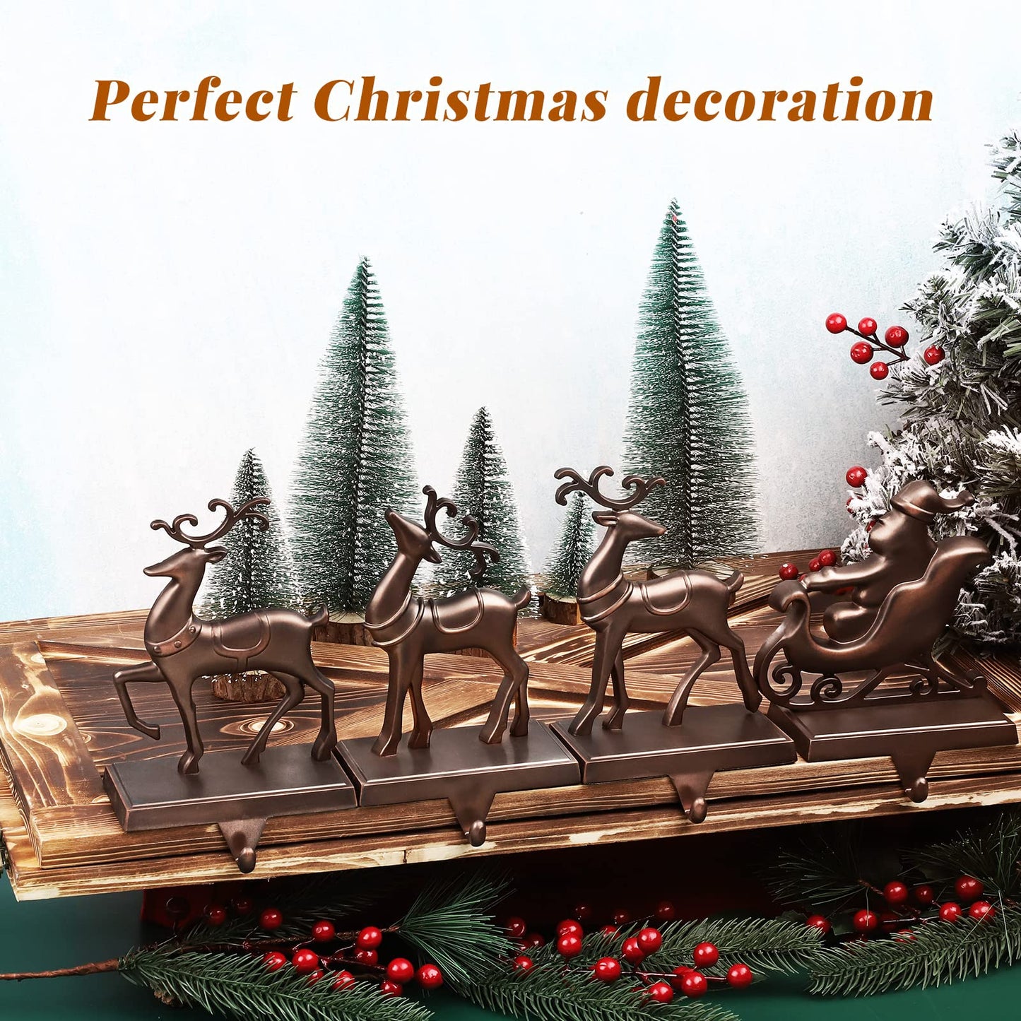 MCEAST Set of 4 Christmas Stocking Holders Santa and Reindeer Mantle Stocking Hangers Metal Christmas Hanging Hooks Safety Hanger Grips for Fireplace Decoration, Black