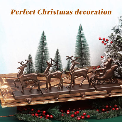 MCEAST Set of 4 Christmas Stocking Holders Santa and Reindeer Mantle Stocking Hangers Metal Christmas Hanging Hooks Safety Hanger Grips for Fireplace Decoration, Black