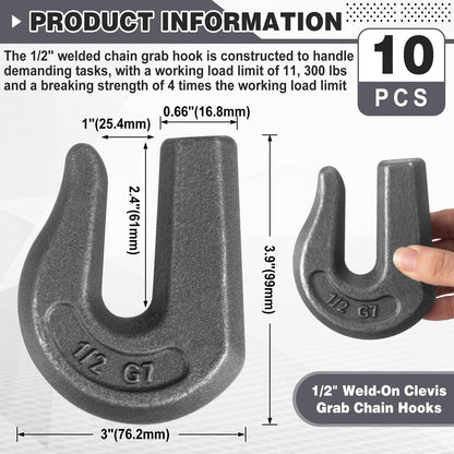 LEIFIDE 10 Pack 1/2'' Weld on Grab Chain Hook G70 Forged Heavy Duty Weldable Grab Hooks for Trailer Truck Rigging Car Tractors Loader Bucket-Working Load Limit: 11300 Lbs