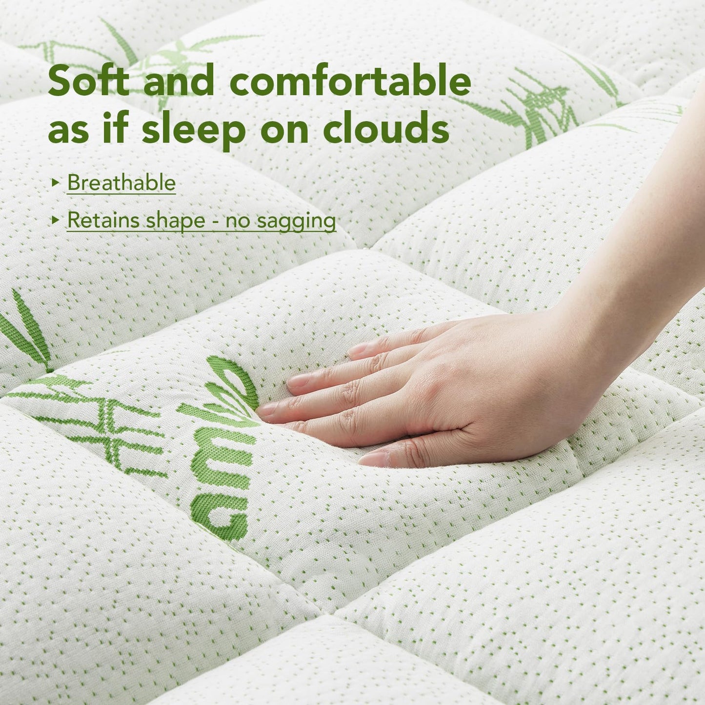Twin XL Size Bamboo - Viscose Mattress Topper, Extra Thick Quilted Pillow Top, Naturally Cooling & Breathable for Hot Sleepers, Back Pain Relief, Deep Pocket Skirt Fits 6-18", Green