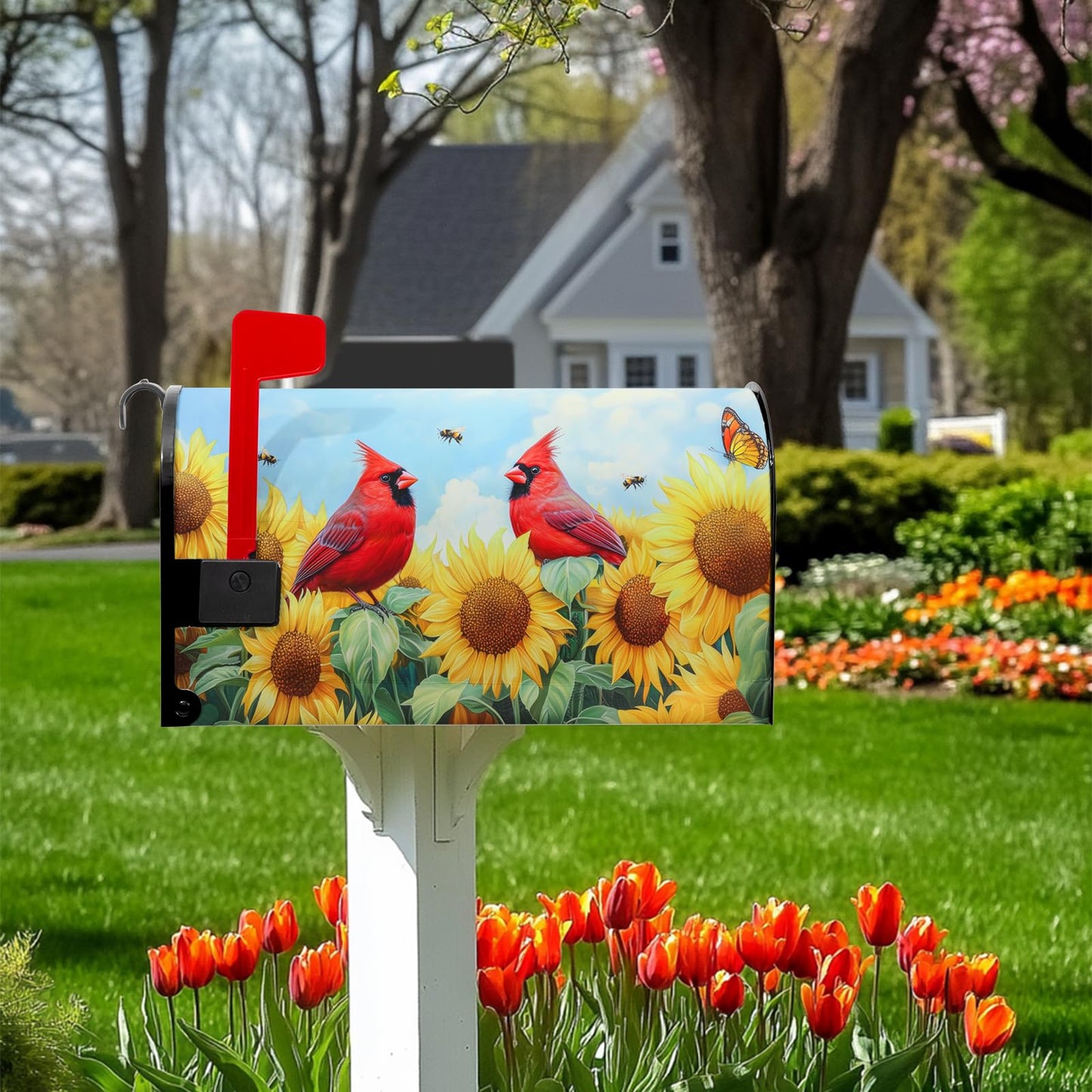 Cardinal Birds Mailbox Cover Summer Mailbox Covers Magnetic Standard Size 21x18 inch Sunflower Bee Butterfly Mail Box Covers for Outdoor Farmhouse Garden Yard Decor Red Bird