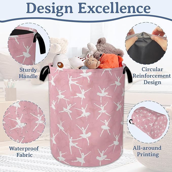 Cute Ballet Dancer Laundry Basket, Foldable Oxford Cloth Pink Laundry Hamper