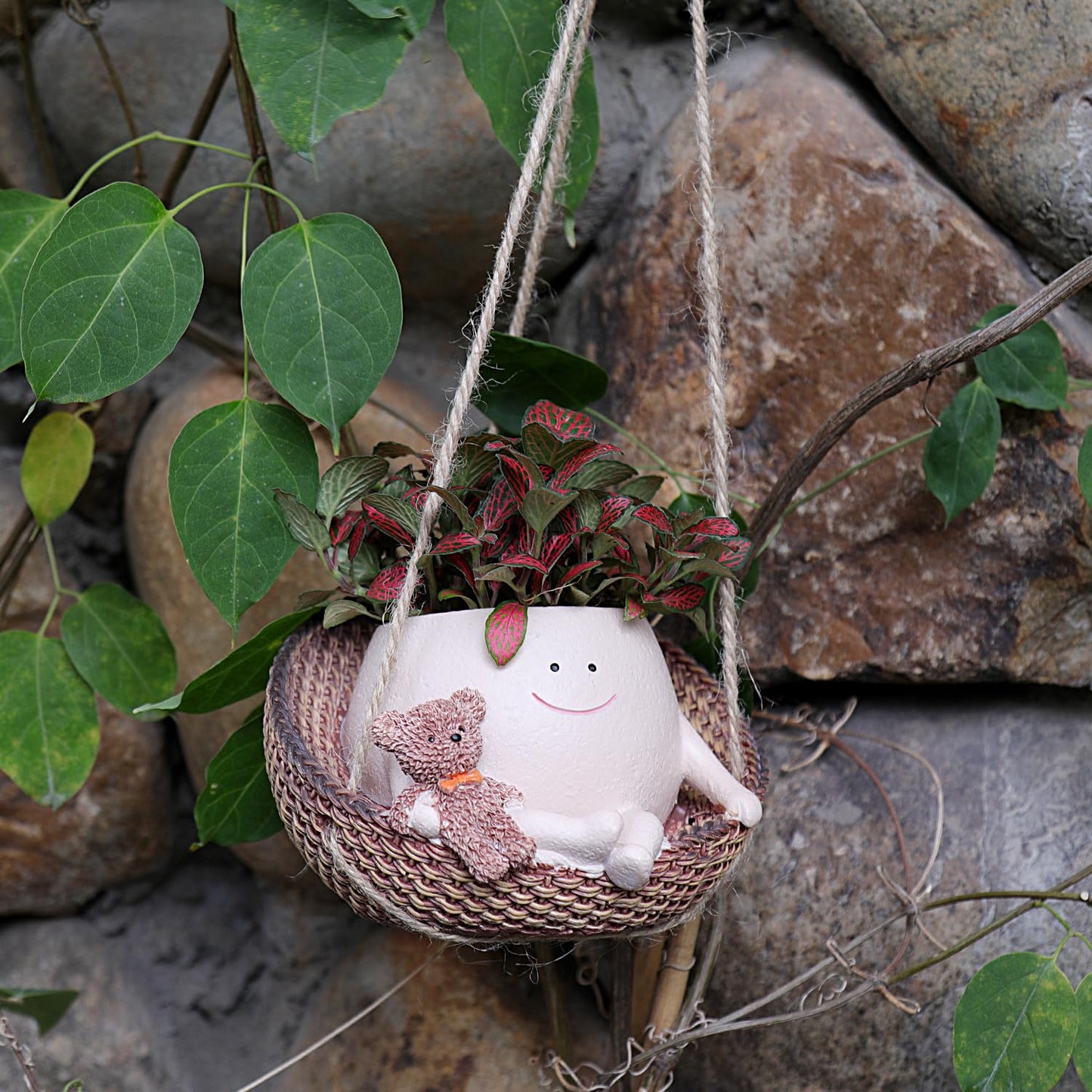 Camotank Hanging Swing Planter Pot for Indoor Outdoor Plants, Smiley Face Swinging Chair Plant Pots, Cute Flower Pot for Succulents Plants Live, Gift for Kids, Mom, Teachers, Christmas