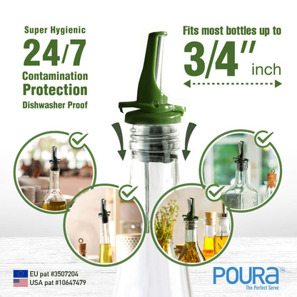 AIRTIGHT Olive Oil Pour Spout for Olive Oil Dispenser - UK Patented Oil Pourer - Hygienic One Handed Open Close Mechanism Keeps Oil Fresh. Dust Caps Cover | Screens Alternative - Green 2 PCs