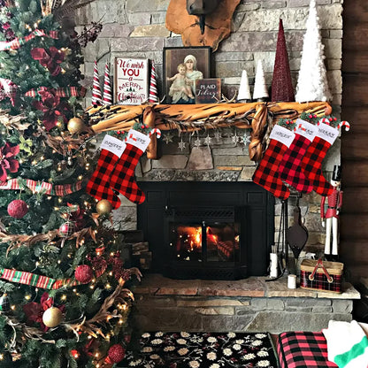 DIYASY Christmas Red Black Buffalo Plaid Stockings,6 Pack 18 Inches Large Plaid Stockings with Plush Cuff,Classic Christmas Stockings Decorations for Fireplace Hanging and Holiday Décor