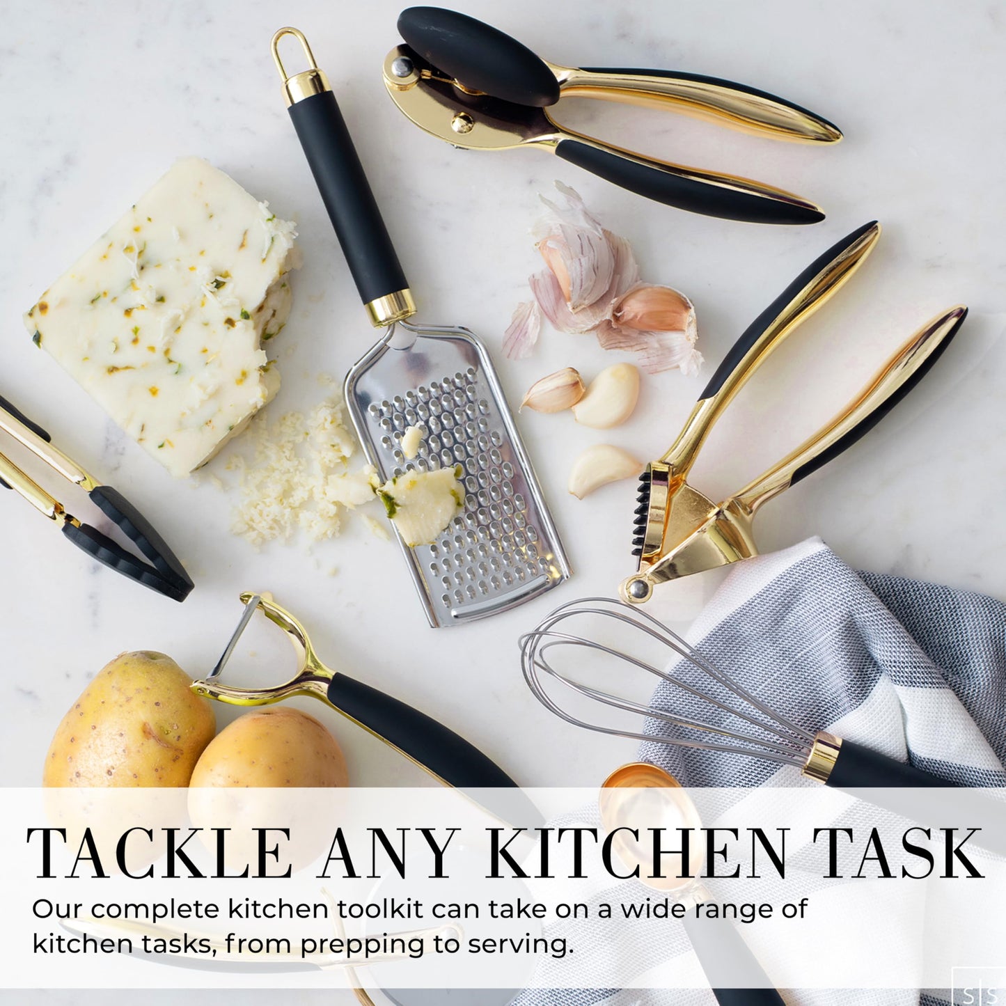 White & Gold Cooking Utensils Set - Luxe 8-Piece Kitchen Gadget Set Includes Can Opener, Tongs and Garlic Press - Stylish White and Gold Kitchen Accessories for Modern Kitchens, Ideal for Gifting