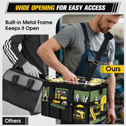 16-Inch Heavy Duty Tool Bag, 19-Pockets Tool Box Organizer, Portable Toolbag W/Soft Handle for Organized Storage, Mechanic Gifts for Men Dad Husband Fathers Day, Wide Mouth Electrician Toolbox, Green