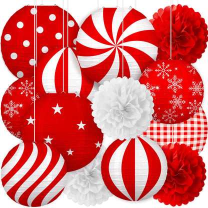 Renbuzhu 13PCS Christmas Decorations Ornaments Set – 9 Red White Hanging Paper Lanterns, 4 Pom Poms for Indoor, Home, Xmas Party, Porch Decor