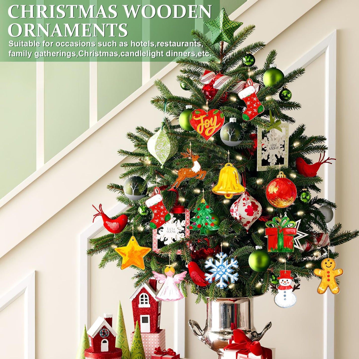 80PCS Wooden Christmas Ornaments to Paint, 8 Styles DIY Blank Unfinished Wood Reindeer Santa Claus Christmas Tree Ball Snowman Snowflake Angel Cutouts Ornament for Crafts Winter Hanging Decorations