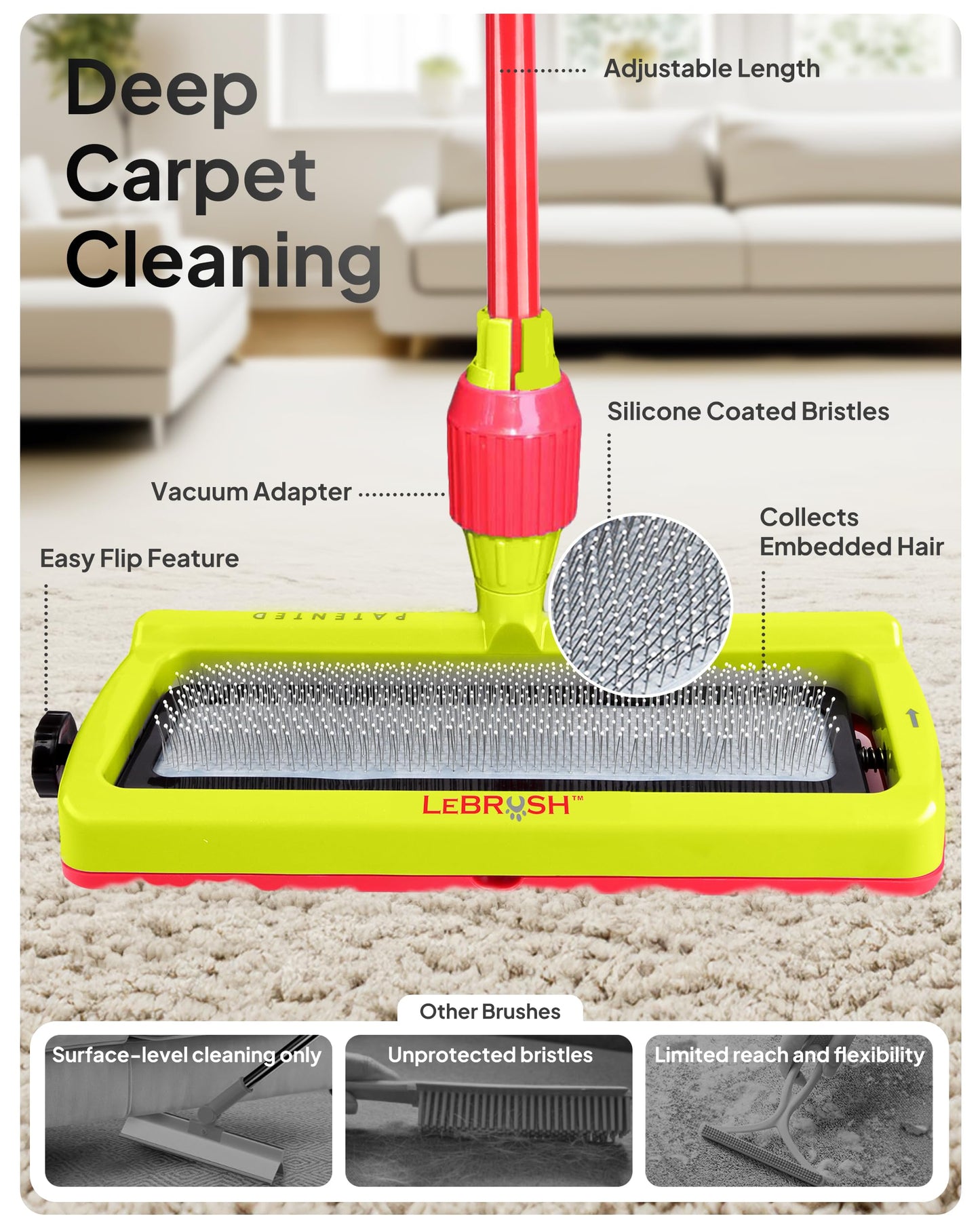 LeBRUSH 2.0 Pet Hair Broom for Carpet for Short & Long Cat, Dog Fur | Remover for Carpet & Couch, Pet Hair Rake, Dog Fur Remover