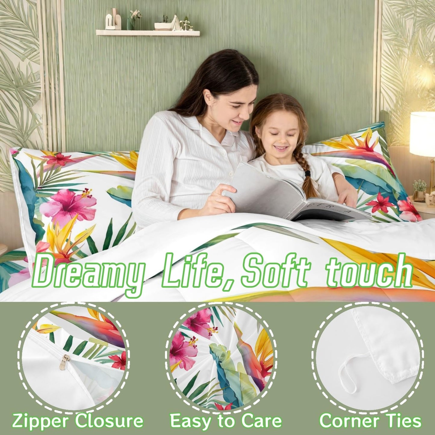 Tropical Tree Plant Duvet Cover Set Queen Size with Zipper Closure, Watercolor Red Hibiscus Flower Pattern Printed Comforter Cover,Palm Leaves Bedding Sets with 2 Pillow Cases,Soft,Green Pink