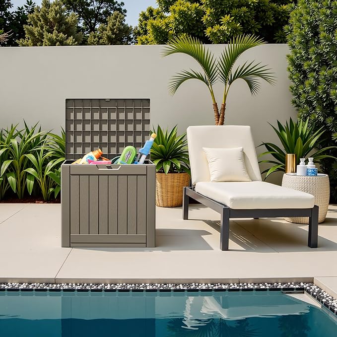 Flamaker Resin Deck Box 40 Gallon Waterproof Outdoor Indoor Storage Box Imitation Wood Resin for Patio Furniture Garden Tools and Pool (Brown)