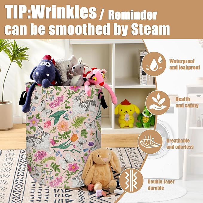 Bunny Rabbit Laundry Basket, Foldable Rabbit Flower Laundry Hamper Tote Bag