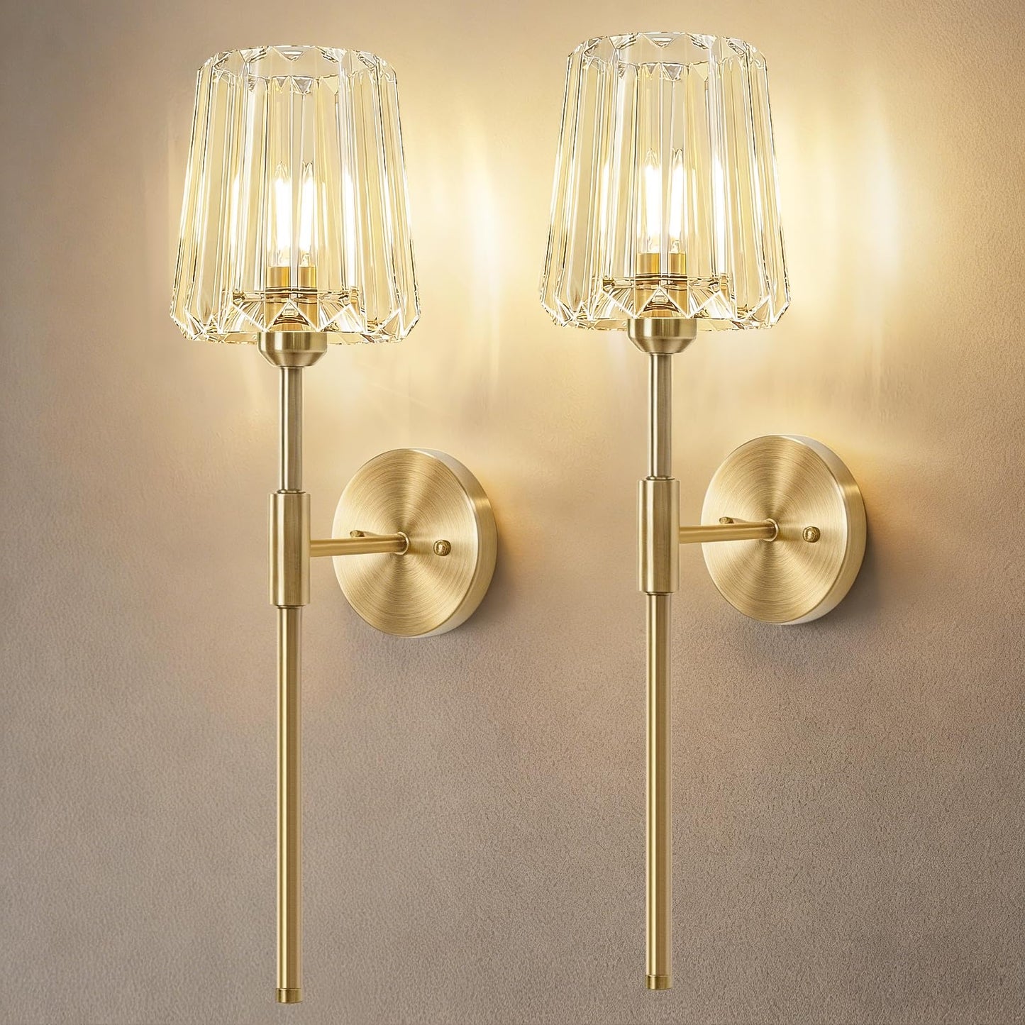 OYKYOHEI 2 Packs Crystal Battery Wall Sconces, Rechargeable Wireless Clear Lights, 12 Color Changing & 3CCT Dimmable, Gold Metal Finish Clear Glass Wall Lamps for Bathroom Dining Room Bedroom Accent
