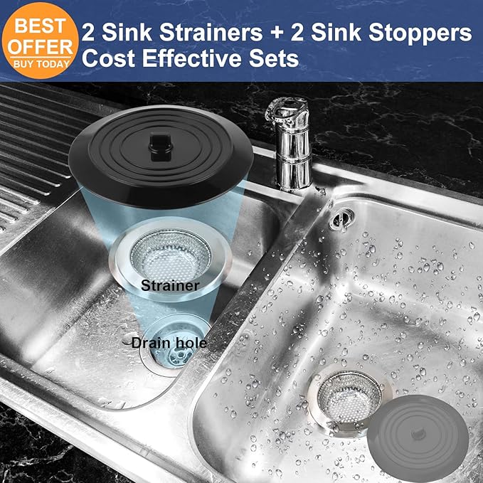 V-TOP Sink Strainer Stopper 4 Pack, Universal Silicone Kitchen Sink Drain