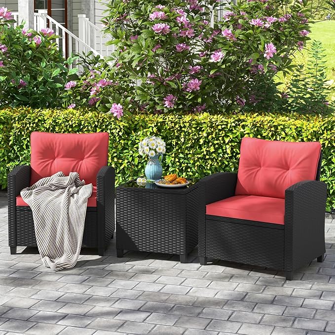 HAPPYGRILL 3 Pieces Wicker Patio Conversation Set, PE Rattan Bistro Sofa Set