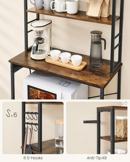 VASAGLE Bakers Rack with Power Outlet, 31.5 Inches Coffee Bar for Kitchen with Storage, 6-Tier Kitchen Shelves with 6 Hooks, Microwave Stand, Industrial, Rustic Brown and Ink Black UKKS119K01