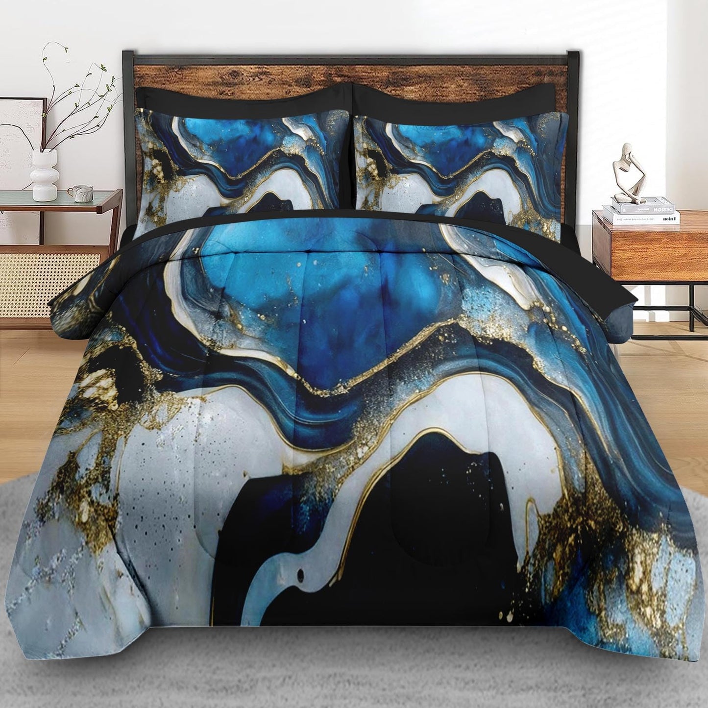 Pamnest Comforter Set Twin Size, Deep Blue Marble 5 Pcs Bedding Set for Kids and Adults, Gold Stone Bed Sheet Sets with Fitted Sheet Pillowcase & Sham for Bedroom Bed Decor