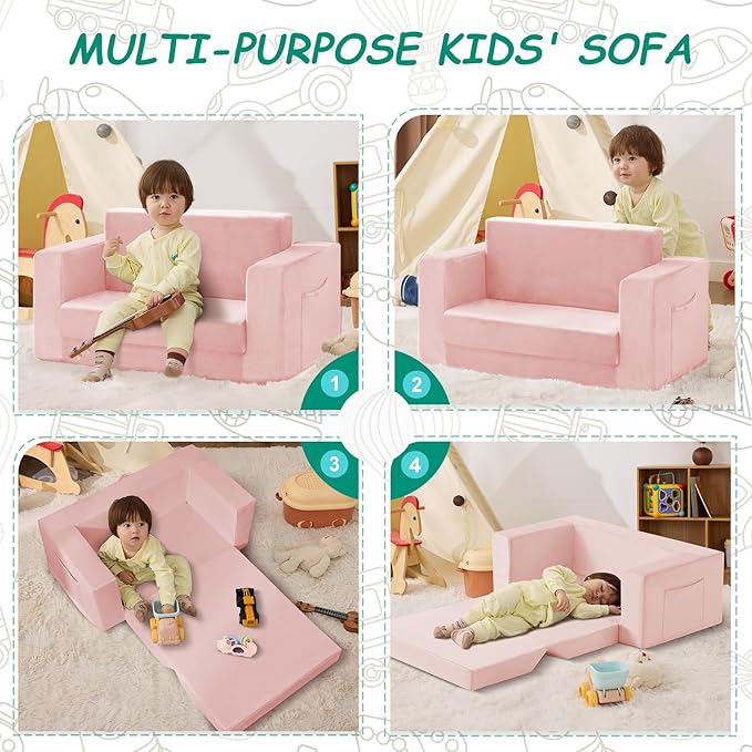 Kids Couch, 2-in-1 Toddler Chair Comfy 1-3 Years, Convertible Kids Chair