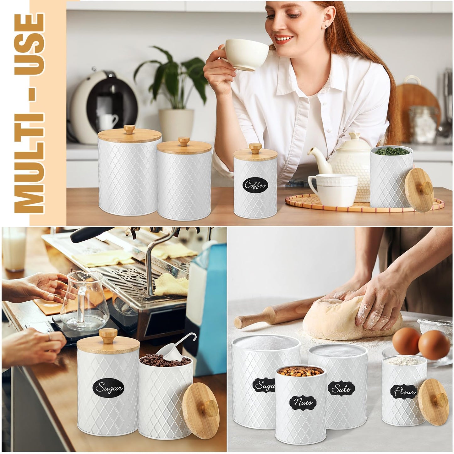 Teenyyou Metal Kitchen Canisters Set with Bamboo Lids and Spoon Airtight High Capacity Coffee Tea Sugar Flour Jars with DIY Labels Farmhouse Extra Large Storage Containers for Kitchen(4 Set,4 Sizes)