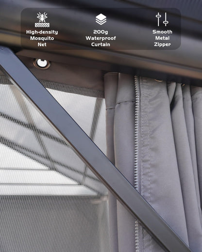 Hardtop Gazebo 12'x14' for All Weather, with Double Metal Roof, Aluminum Alloy Frame, Net, and Curtain, Permanent Building for Patio, Deck, Backyard, Lawn, and Garden, Gray