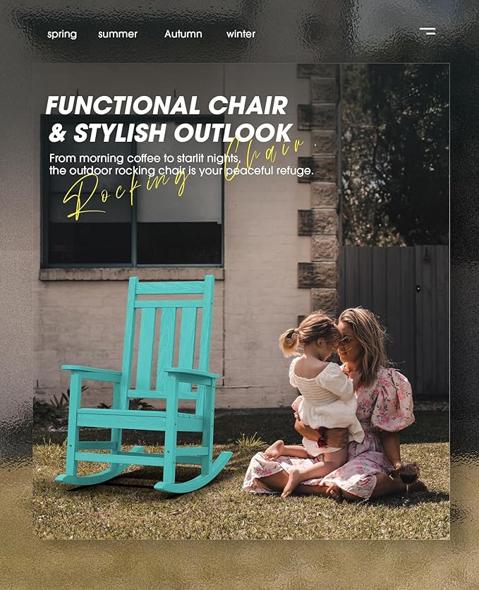 KINGYES Oversized Outdoor Rocking Chair, All-Weather Patio Rocking Chairs for Porch, HDPE Outdoor Patio Rockers with High Back & Wide Seat for Garden, Lawn, Aruba