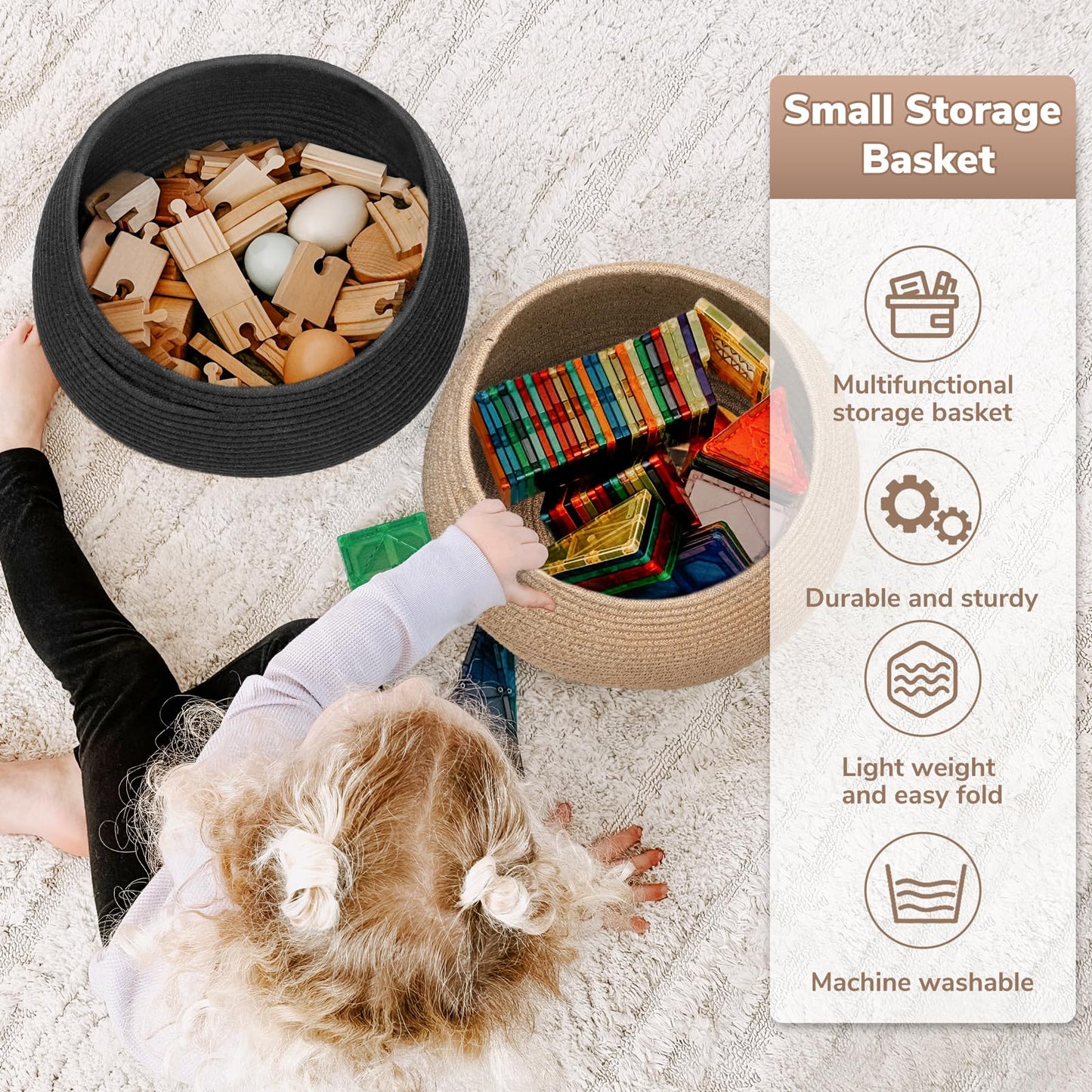 Goodpick Wicker Storage Basket for Living Room, Small Round Woven Basket for Toys, Towel, Bedroom, Children Corner Decoration Plant Baskets Indoor, Jute, 12.5"D x 8.3"H