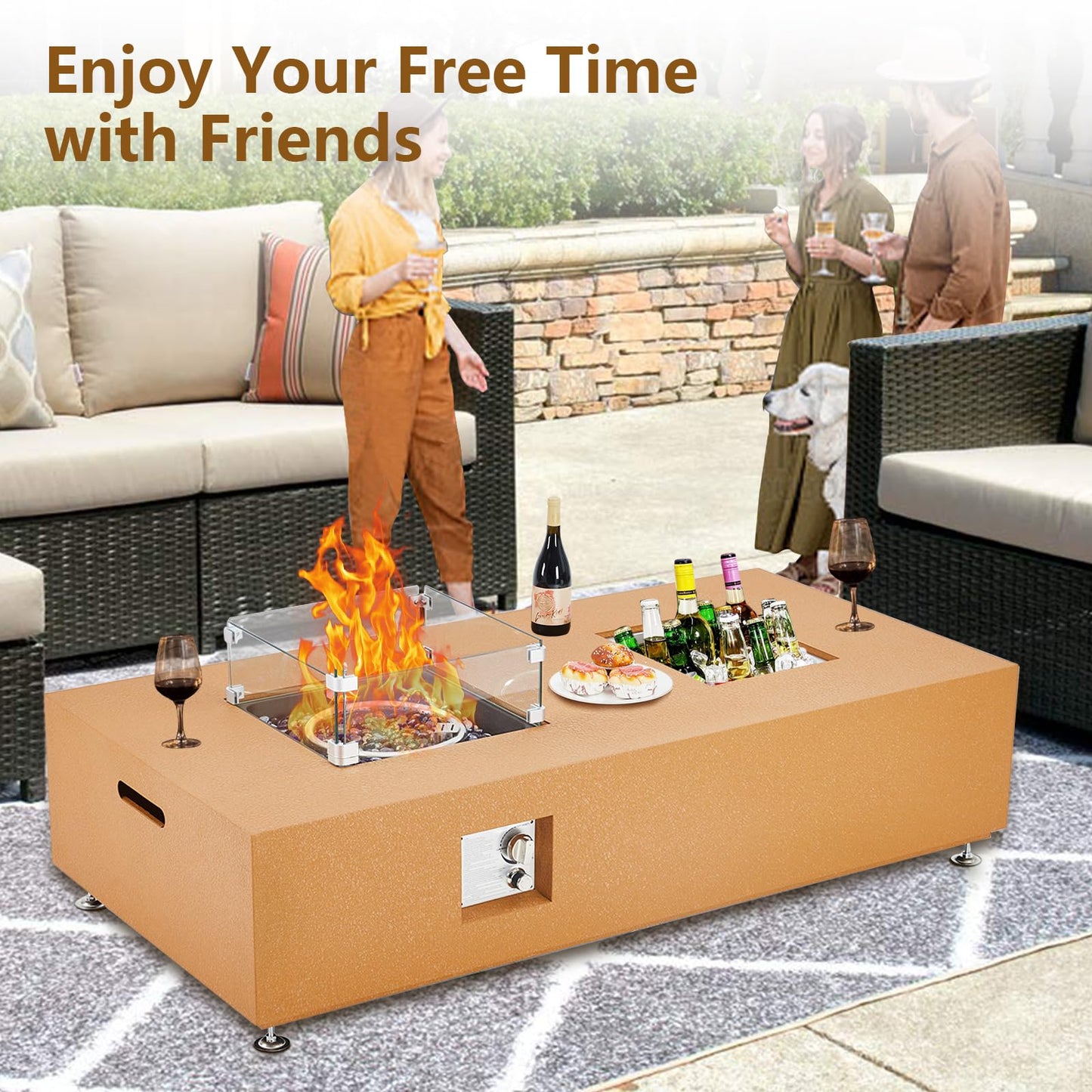 GarveeLife 56" Propane Fire Pit Table with Ice Bucket，50000BTU Fire Table with 13" Square Drink Ice Bucket Wind Guard, Fire Glass Beads & CSA Safety Certified Outdoor Firepit for Patio Garden(Orange)