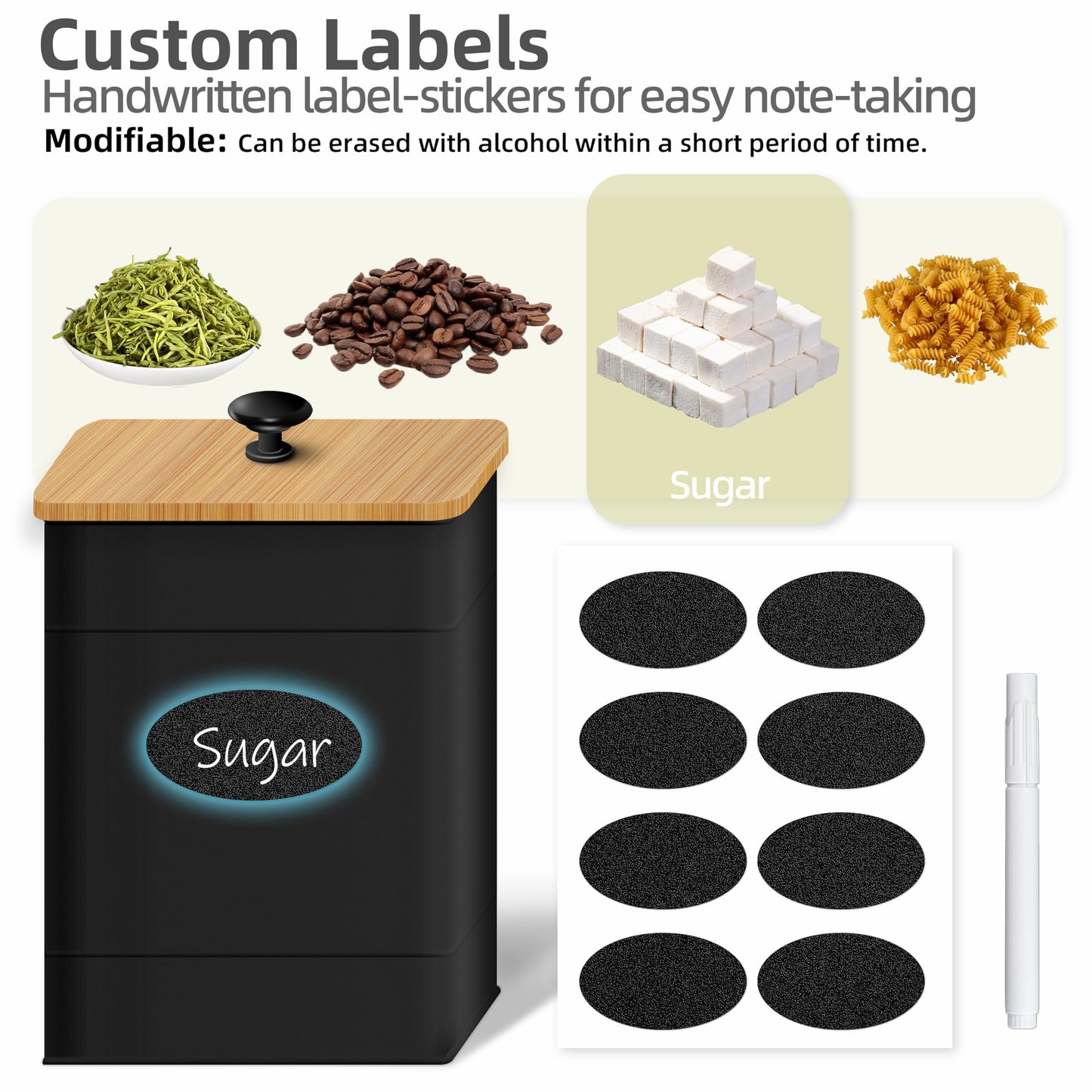 Canisters Sets for the Kitchen Set of 4, Metal Sugar Flour Coffee Storage Containers for Countertop with Airtight Lids, Customizable Chalkboard Labels & Marker Pen, Storage Jars Canisters - Black
