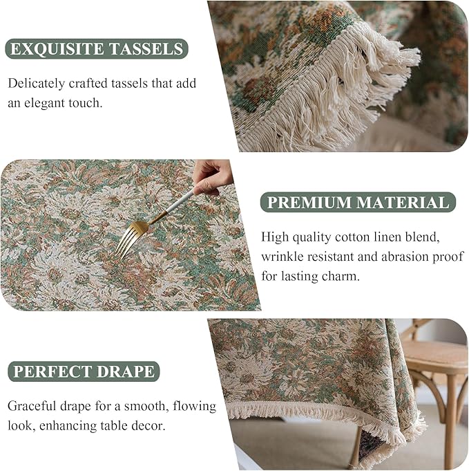 Aesthetic Green and Beige Floral Table Cloth, Linen Texture Table Cloth