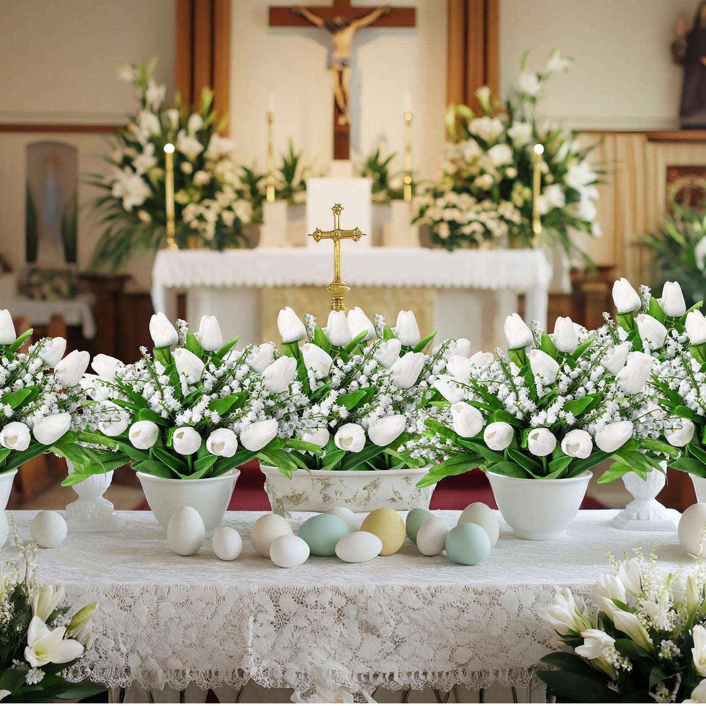 Hoteam 24 Pcs Artificial Lily of The Valley, Lifelike PU Faux Tulips, Fake Flowers Bouquet Floral Arrangements for Spring Home Decor, Spring Centerpiece, Wedding Bridal Party (White & Green)