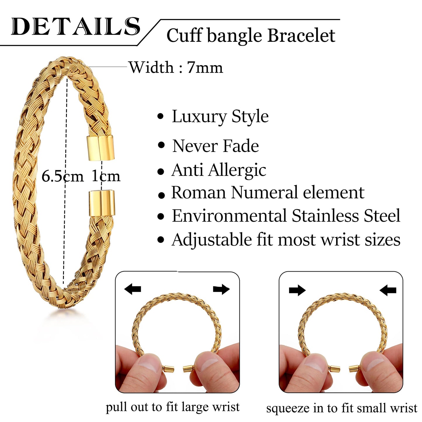 WFYOU 3PCS Stainless Steel Bracelets for Men Gold Roman Numeral Bangle Twisted Cable Adjustable Cuff Bracelet Mens Luxury Jewelry Gifts