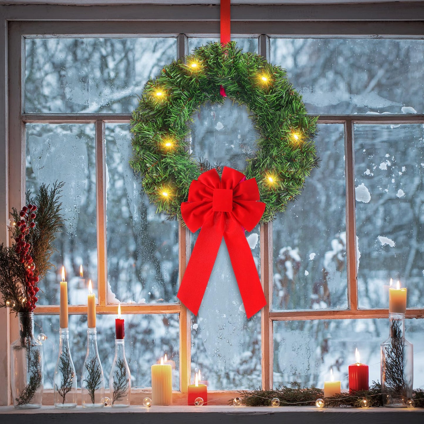 Daifunli 6 Pcs Pre Lit Christmas Wreath with Lights for Windows 11.8 Inch LED Christmas Front Door Wreath with Bow Greenery Artificial Hanging Garlands for Fireplaces Home Porch Wall Decor