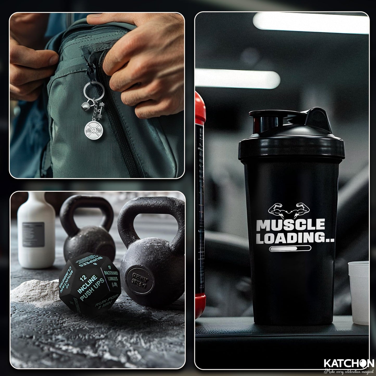 KatchOn, Fitness Gift Set – Pack of 4 | Gym Accessories for Men, with Exercise Dice | Valentine Gifts for Him | Workout Gifts for Men, Pre Workout Shaker, Dice and Dumble Keychains