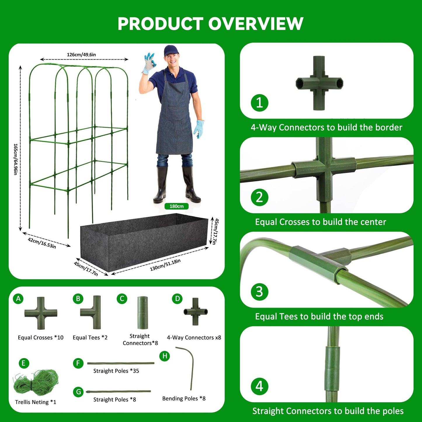 GENMOUS Garden Trellis for Climbing Plants, Cucumber Trellis with Grow Bag, 65 X 50 Inch Large Metal Trellis for Climbing Raised Bed Vegetable Outdoor