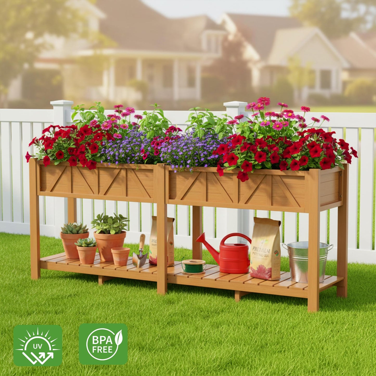 HIPS Elevated Raised Garden Bed with Legs,72"L x 17.3"W x 28.7"H Large Outdoor Planter Box with Storage Rack,All-Weather Raised Bed Planters with 6 Hooks & 2 Non-Woven Liner for Vegetables Flower Herb
