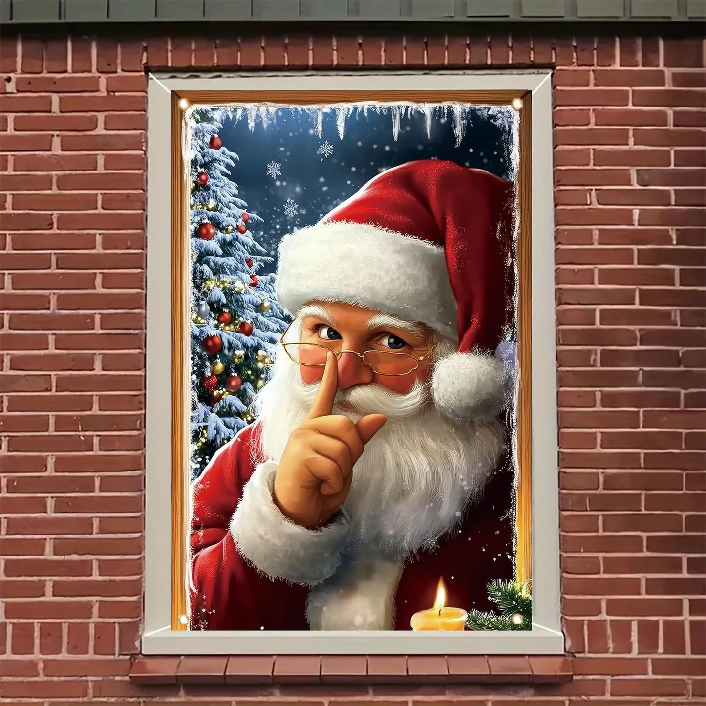 Saoplasa Christmas Window Cover Santa Claus Silent Night Decor Snowy Tree Candle Light Holiday Window Art Panel for Home Living Room Indoor Xmas Decoration 47x31 Inch Winter Wall Hanging Curtain