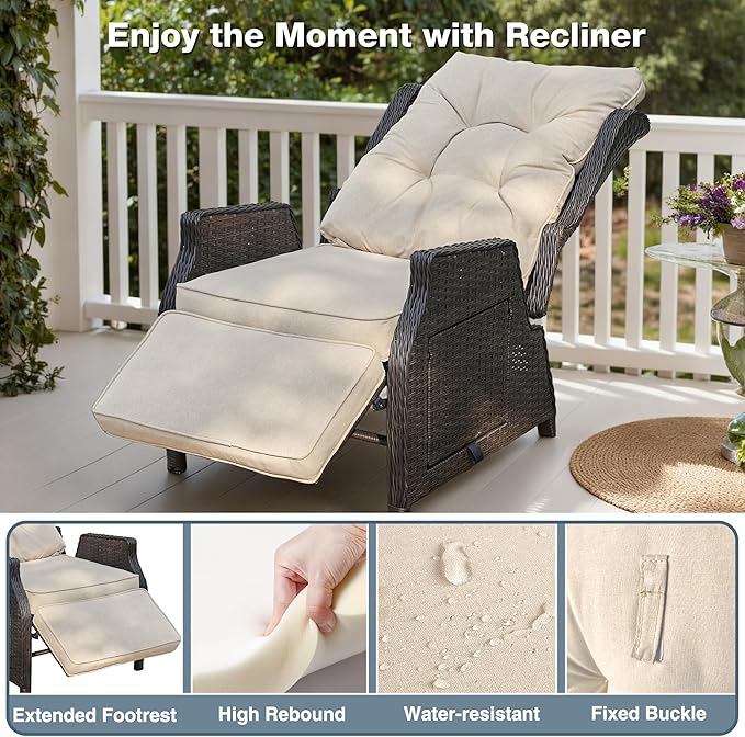 Outdoor Indoor Wicker Recliner with Adjustable Back and Footrest, Patio Reclining Chair with Flip-up Table, Outdoor Rattan Lounge Chair, Beige 2PCS