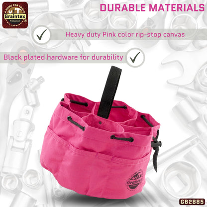 Graintex 18 Pockets Grab Bag Rip-stop Canvas Drawstring Closure, Small Part Organizer Pouch, Small Tools, Screws, Parts, Parachute Tool Bag for Efficient Storage - Pink