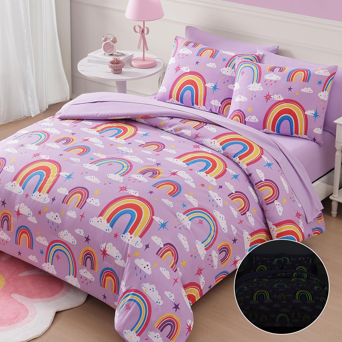 Kaleido Space Twin Kids Comforter Set - 5 Pieces Twin Bedding Sets for Girls Teen, Glow in The Dark Purple Rainbow Bed in A Bag with Sheets