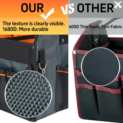 Aupofit 16 Inch Open Top Tool Bag, Pro-Grade Thick 1680D Fabric, Heavy Duty Foldabe Work Bag with Orange Interior Stainless Steel Handle & Padded Shoulder Strap, Easy Tool Access