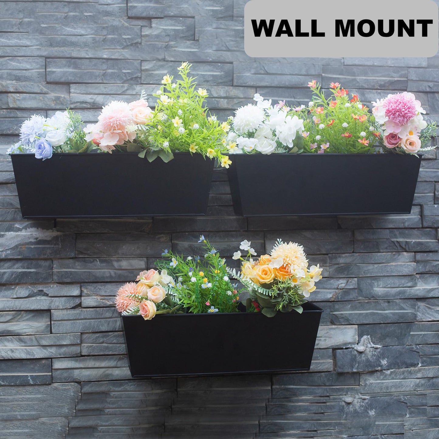 Holensun Wall Hanging Planters for Outdoor Plants 16 Inch Large Metal Fence Pots with Hooks for Outside Garden Balcony Plants 3PCS（Black）