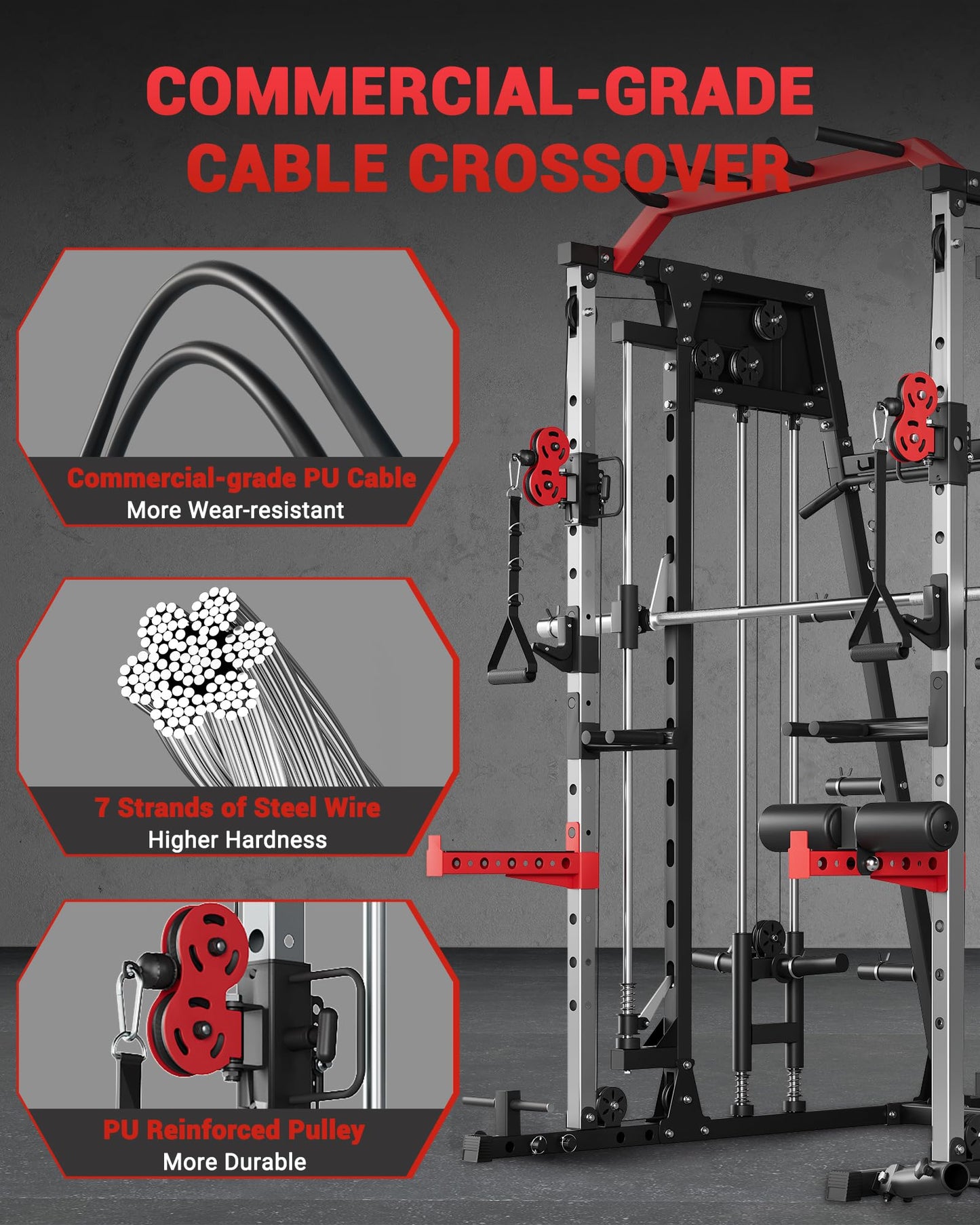GarveeLife Smith Machine Home Gym All in One, 2200 LBS Squat Rack Power Cage with Smith Bar, LAT Pull-Down, Cable Systems, Leg Hold-Down and More Attachments, Workout Equipment (Red Black)