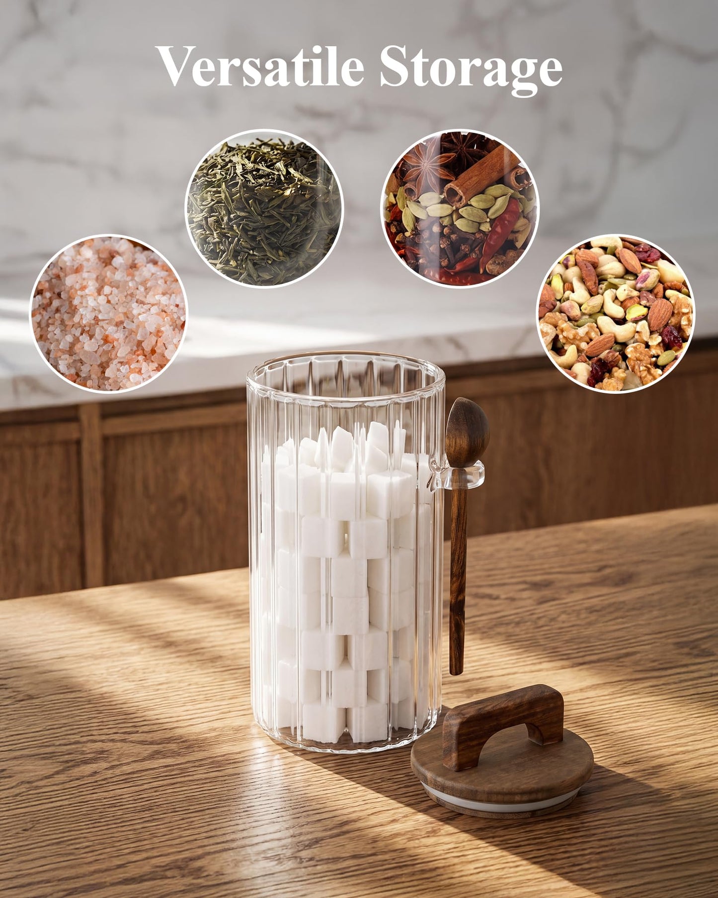 NiHome Ribbed Glass Coffee Container with Wooden Lid & Spoon, 27 oz Airtight Storage Jar for Coffee Beans, Tea, Sugar & Salt, Wide Mouth Food Canister with Ergonomic Handle
