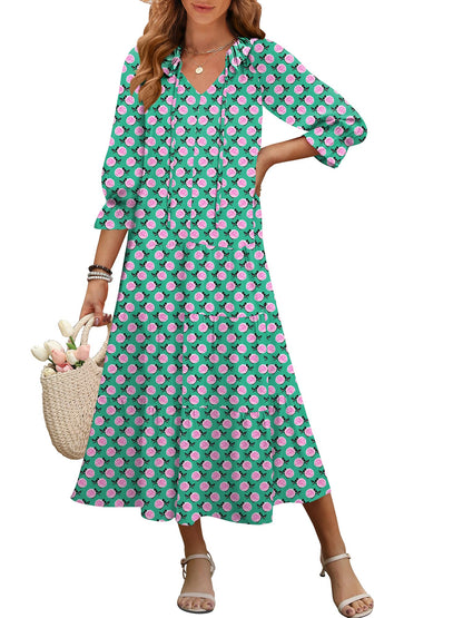 ANRABESS Women's Boho Maxi Dresses 2025 Summer Casual V Neck Puff Sleeve Floral Tiered Flowy Swing Beach Vacation Long Dress