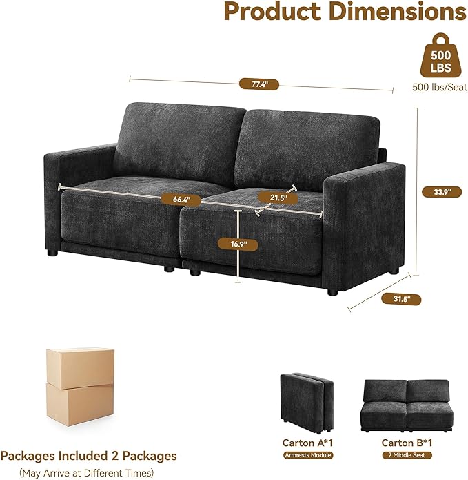 77.4" Chenille Modular Loveseat Oversized Upholstered 2 Seater Sectional Sofa